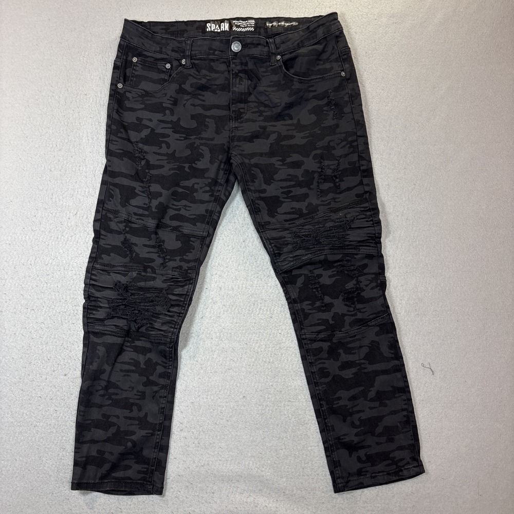 SPARK Premium Denim Black Camouflage Stretch/Slim Fit Distressed Men 38X30